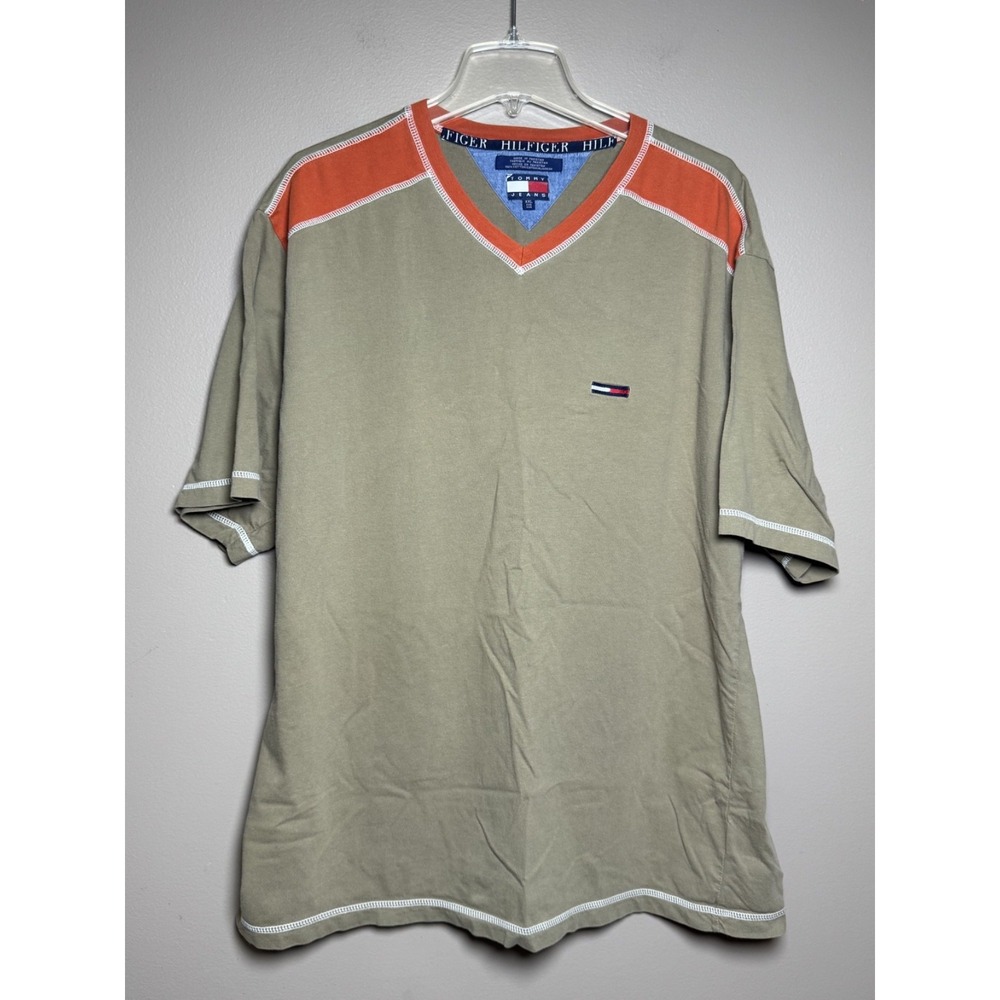 Vintage Tommy Jeans Olive Green V-neck T-shirt Size XXL